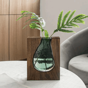 Tear Drop Glass And Wood Flower Vase